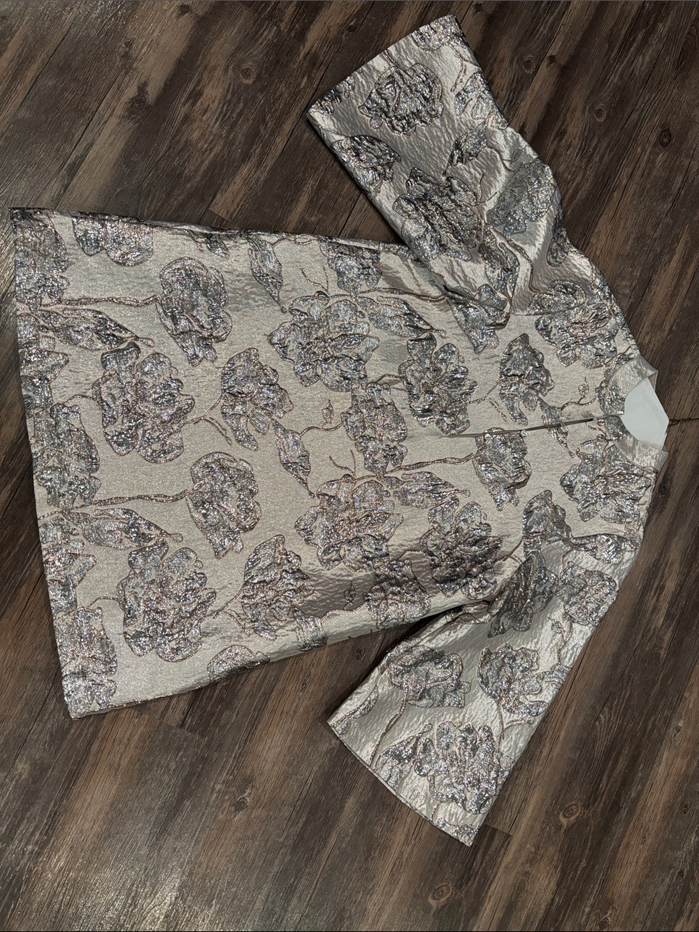 J Marie Metallic Silver Brocade Floral Short-Sleeve dress worn once